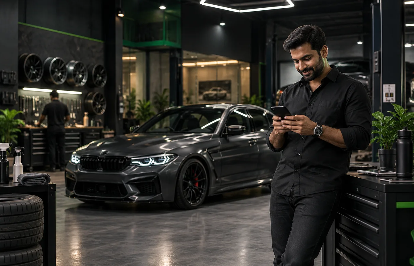 A car customisation workshop at night